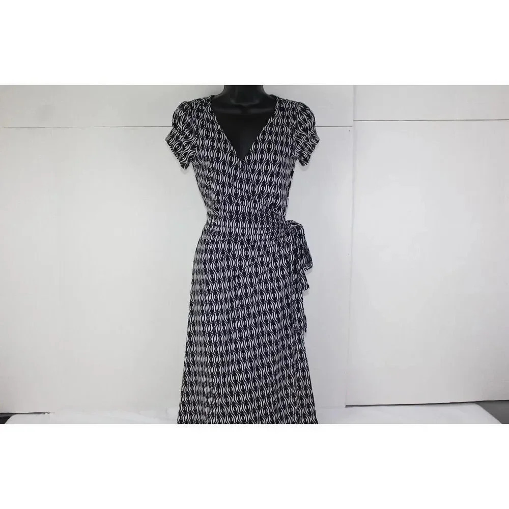 BISOU BISOU Womens Black & White Print Wrap Dress Stretch Workwear Size 6